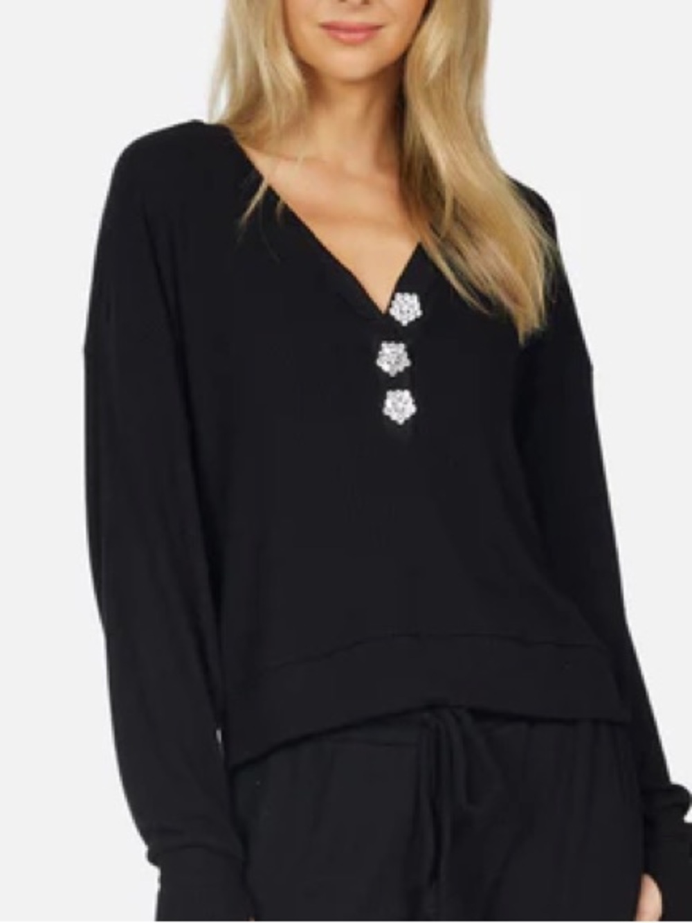 Michael Lauren Black Long Sleeve Tee with Button Accents